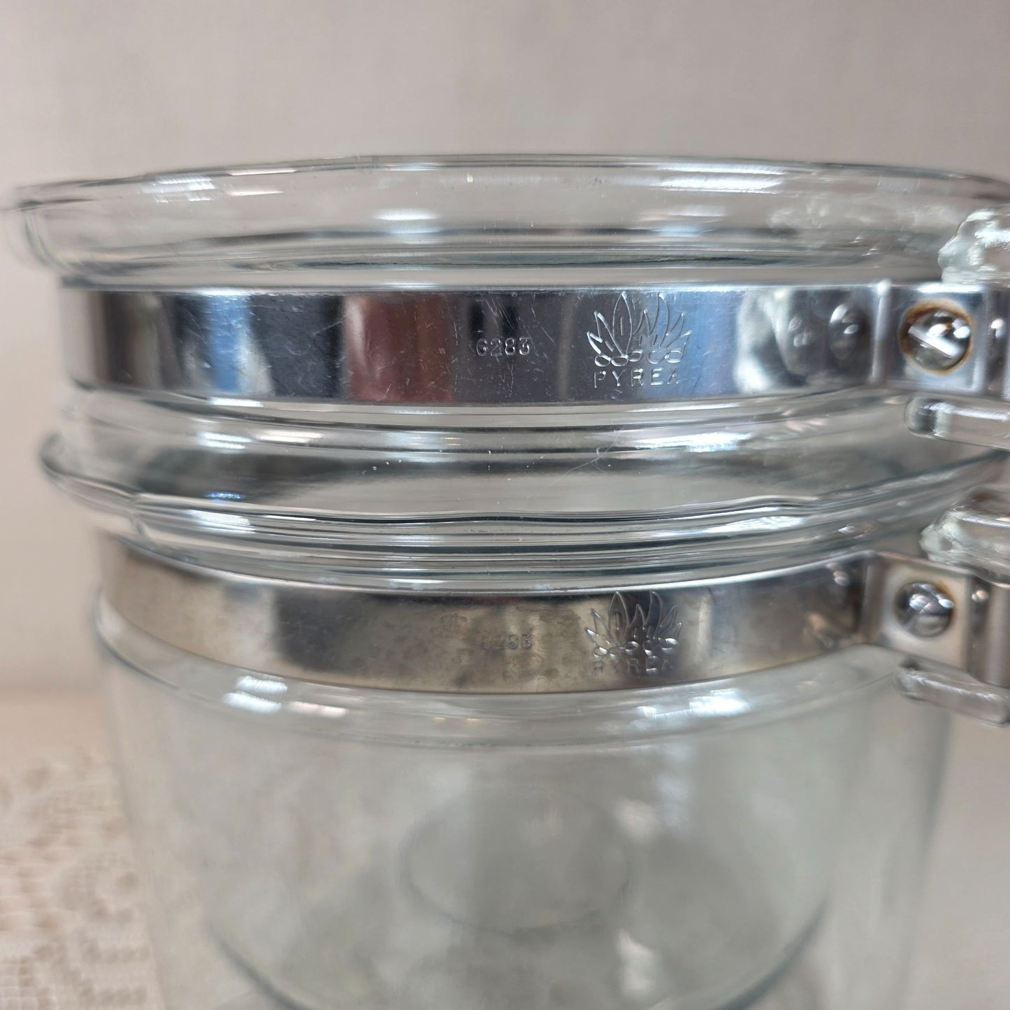 Vintage Pyrex 1.5 Quart Glass Double Boiler With Lid & Metal Band Handles