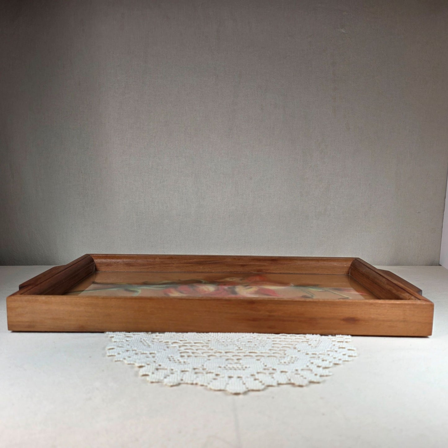 Vintage Wooden Serving Tray With Hand-Painted Glass Floral Design & Handles Jemelene