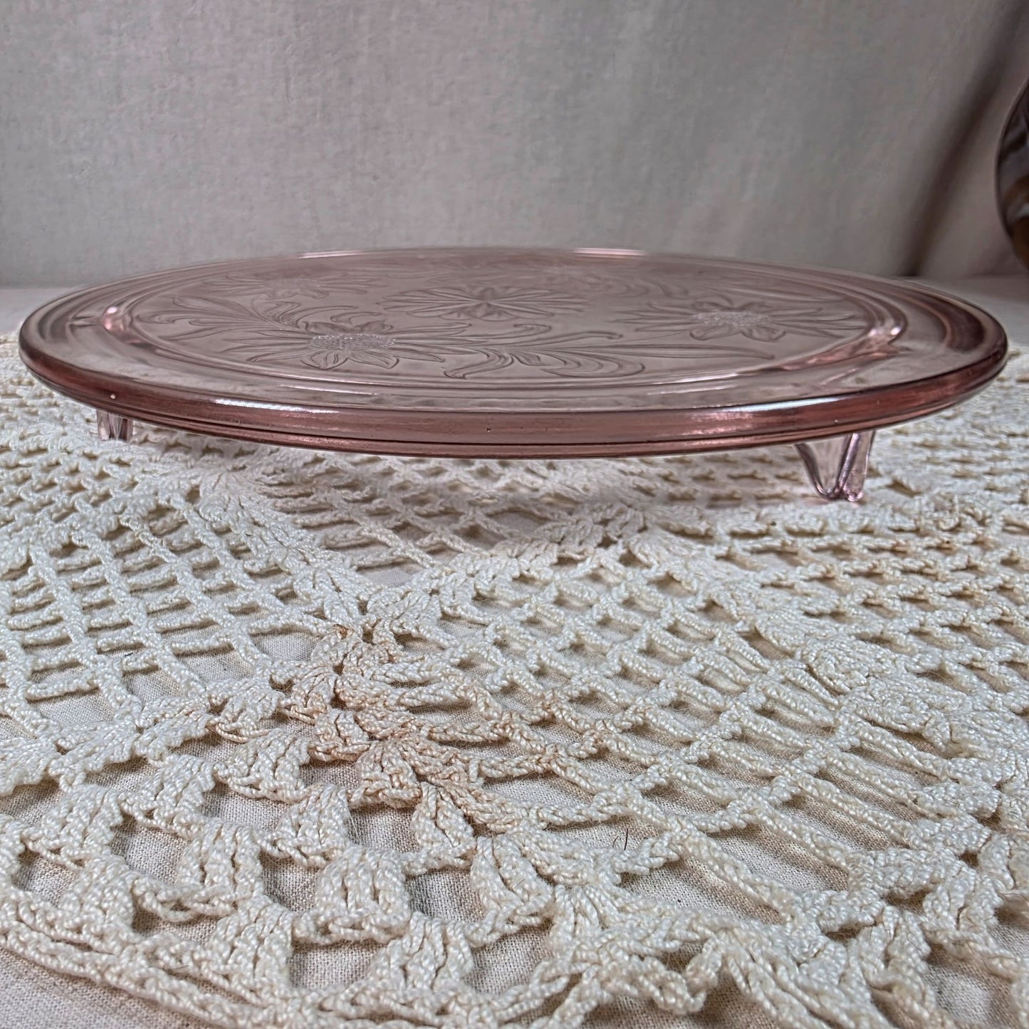 Jeanette Sunflower Pink Depression Glass 10" Footed Cake Plate Vintage 1930s-1940s Elegant Floral Design