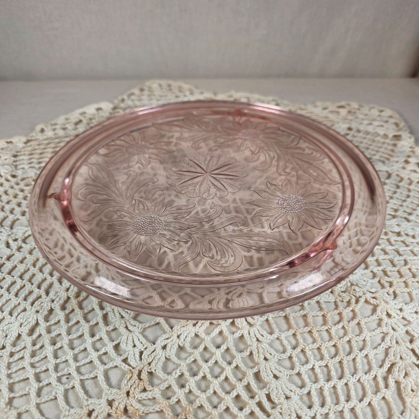 Jeanette Sunflower Pink Depression Glass 10" Footed Cake Plate Vintage 1930s-1940s Elegant Floral Design