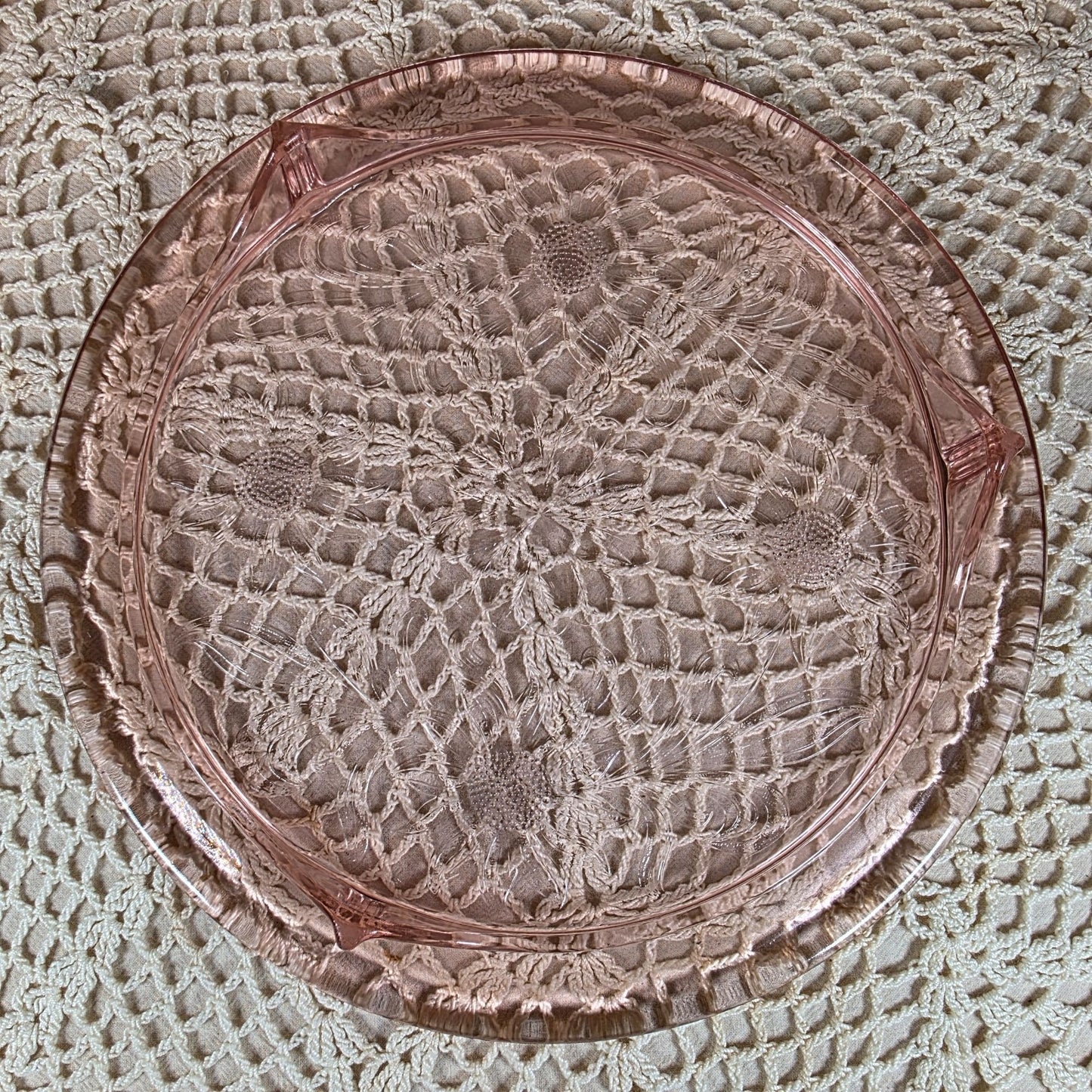 Jeanette Sunflower Pink Depression Glass 10" Footed Cake Plate Vintage 1930s-1940s Elegant Floral Design
