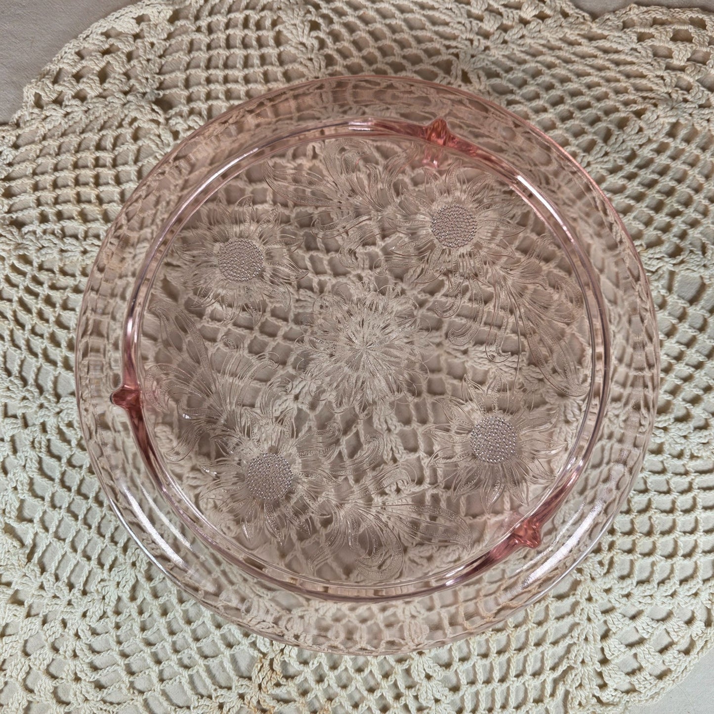 Jeanette Sunflower Pink Depression Glass 10" Footed Cake Plate Vintage 1930s-1940s Elegant Floral Design