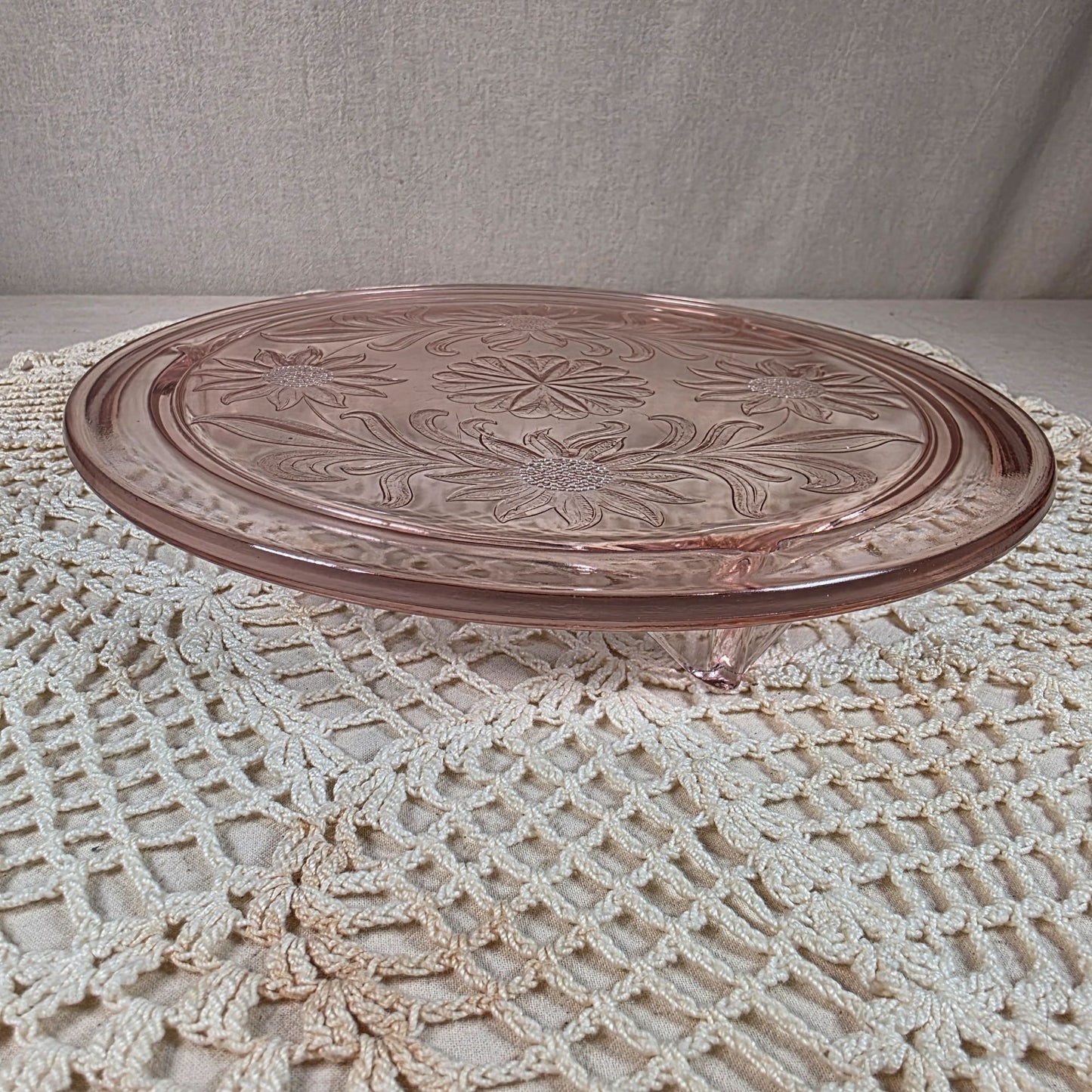 Jeanette Sunflower Pink Depression Glass 10" Footed Cake Plate Vintage 1930s-1940s Elegant Floral Design