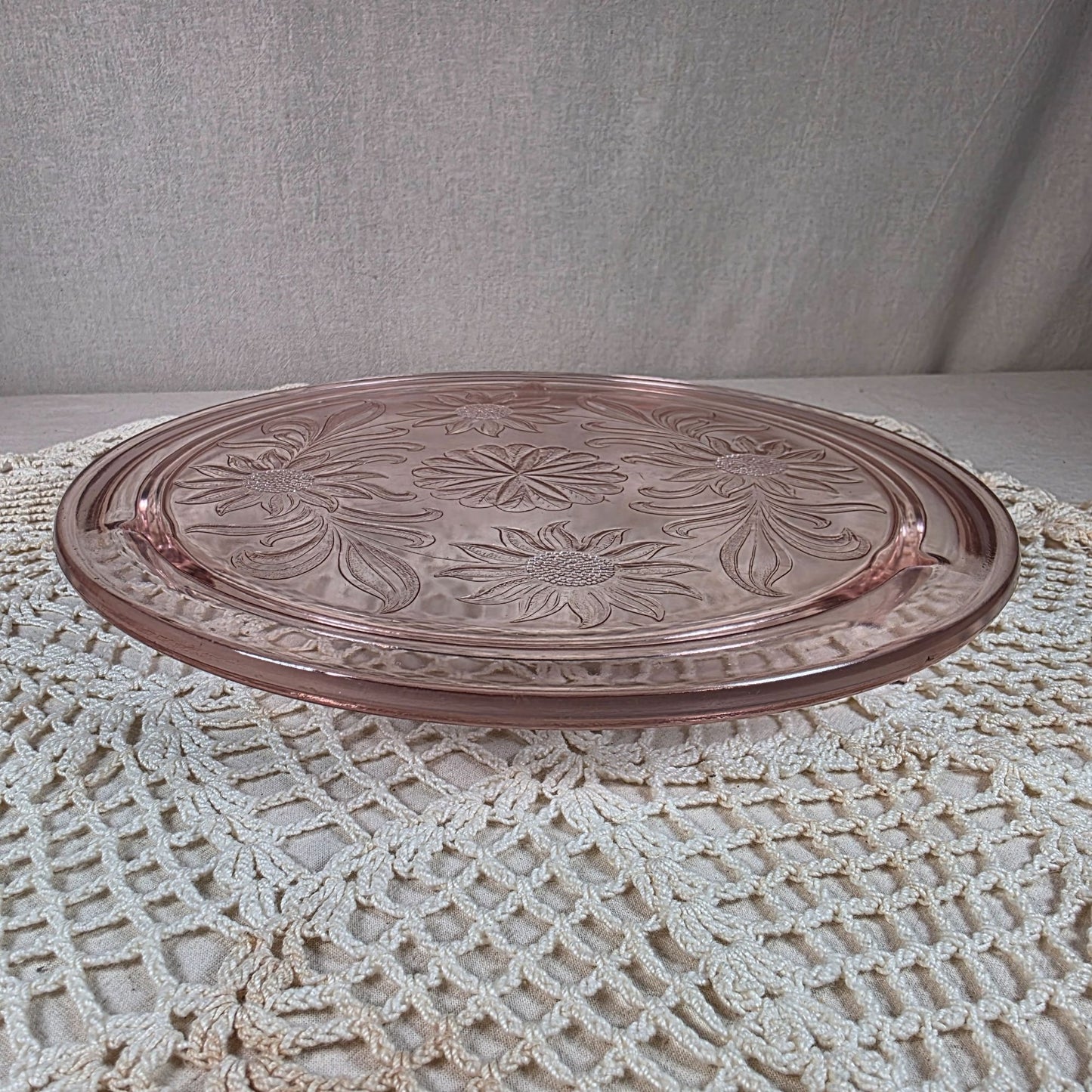 Jeanette Sunflower Pink Depression Glass 10" Footed Cake Plate Vintage 1930s-1940s Elegant Floral Design