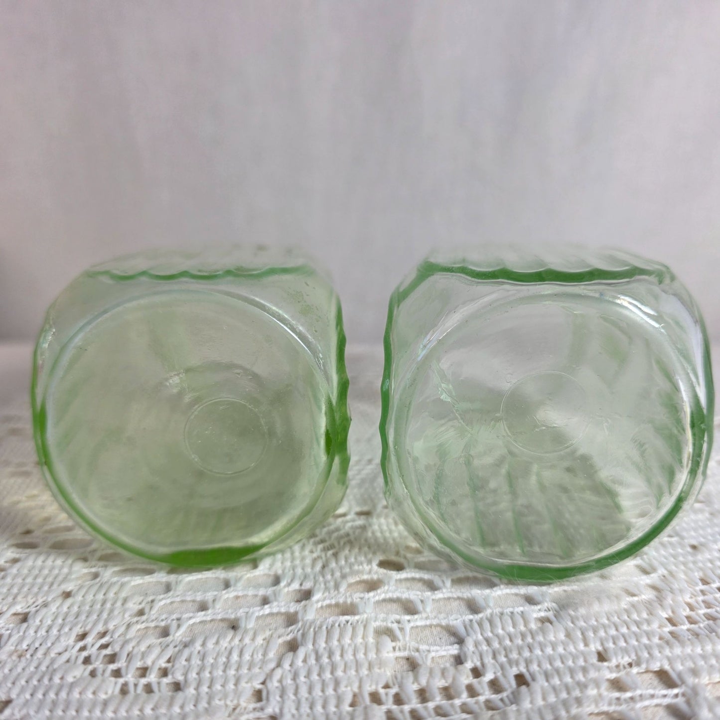 Vintage green uranium Glass Salt Pepper Shakers UV Glow Ribbed metal lids