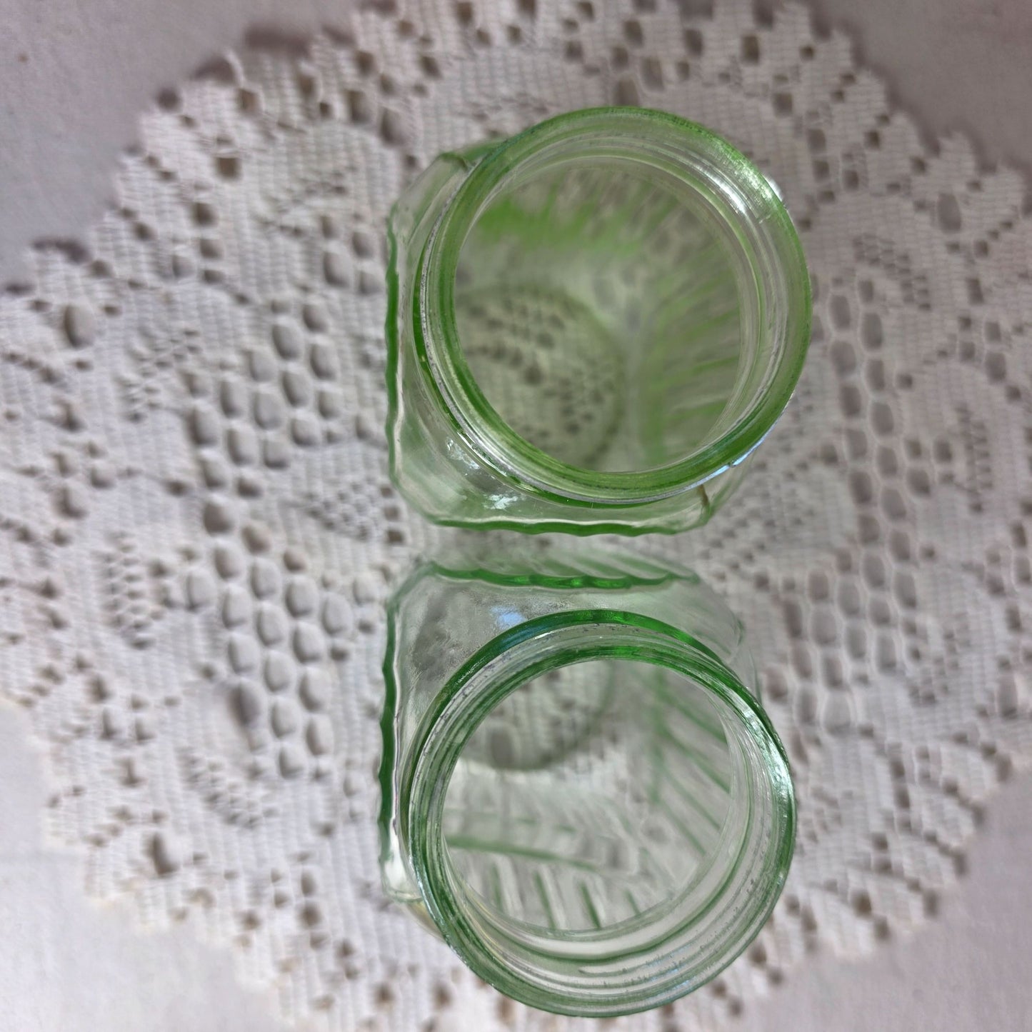 Vintage green uranium Glass Salt Pepper Shakers UV Glow Ribbed metal lids