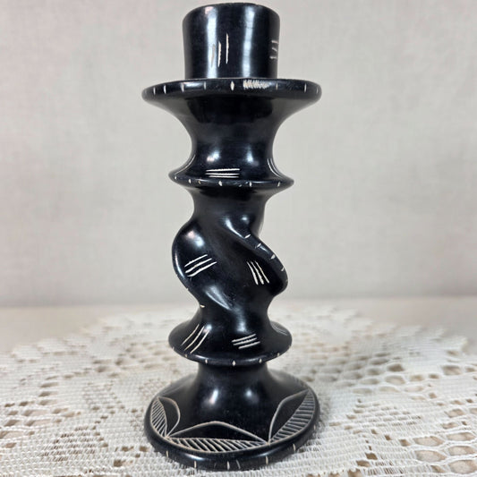 Handcrafted African Soapstone Twisted Candlestick With Leaf Base Design