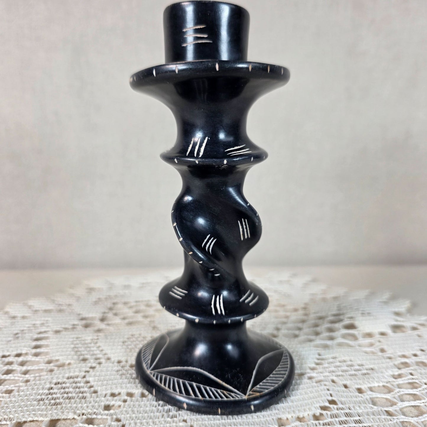 Handcrafted African Soapstone Twisted Candlestick With Leaf Base Design
