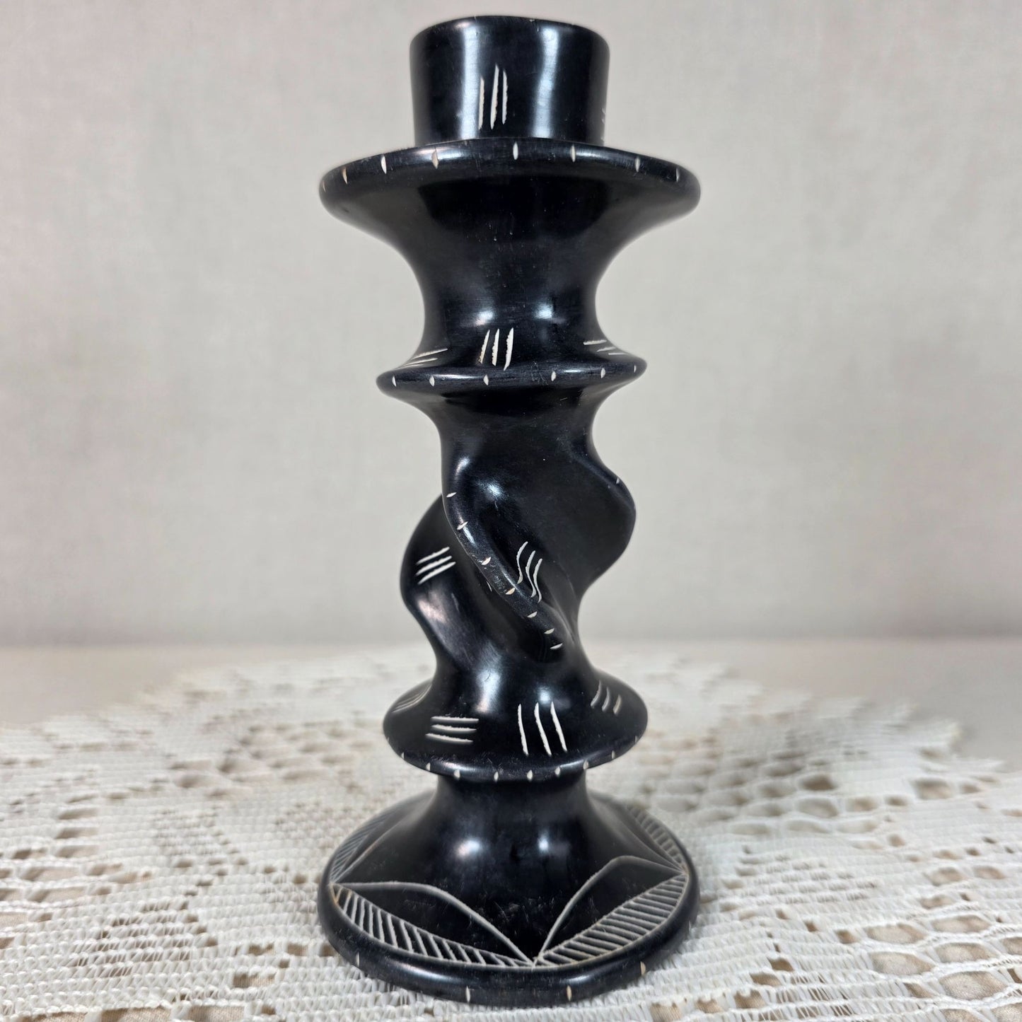 Handcrafted African Soapstone Twisted Candlestick With Leaf Base Design