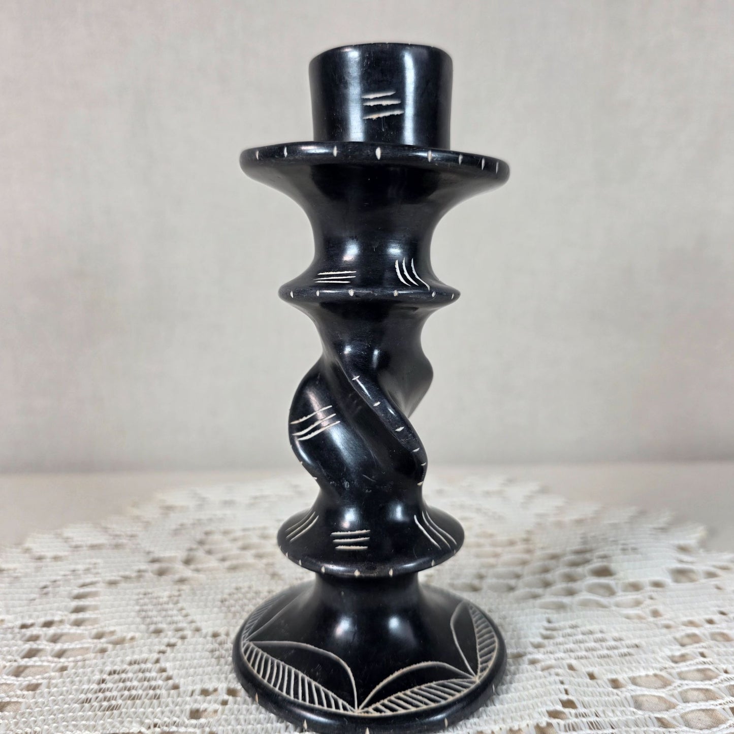 Handcrafted African Soapstone Twisted Candlestick With Leaf Base Design