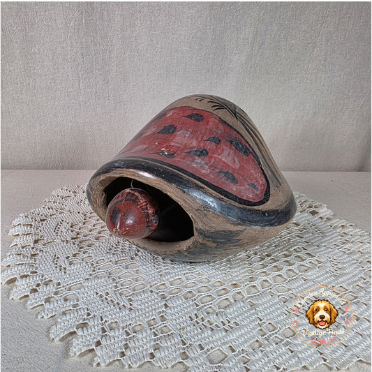 Vintage Tonala Pottery Bobbing Head Turtle Figurine With Bird Design Hand Painted 7.5" Long 5" Tall