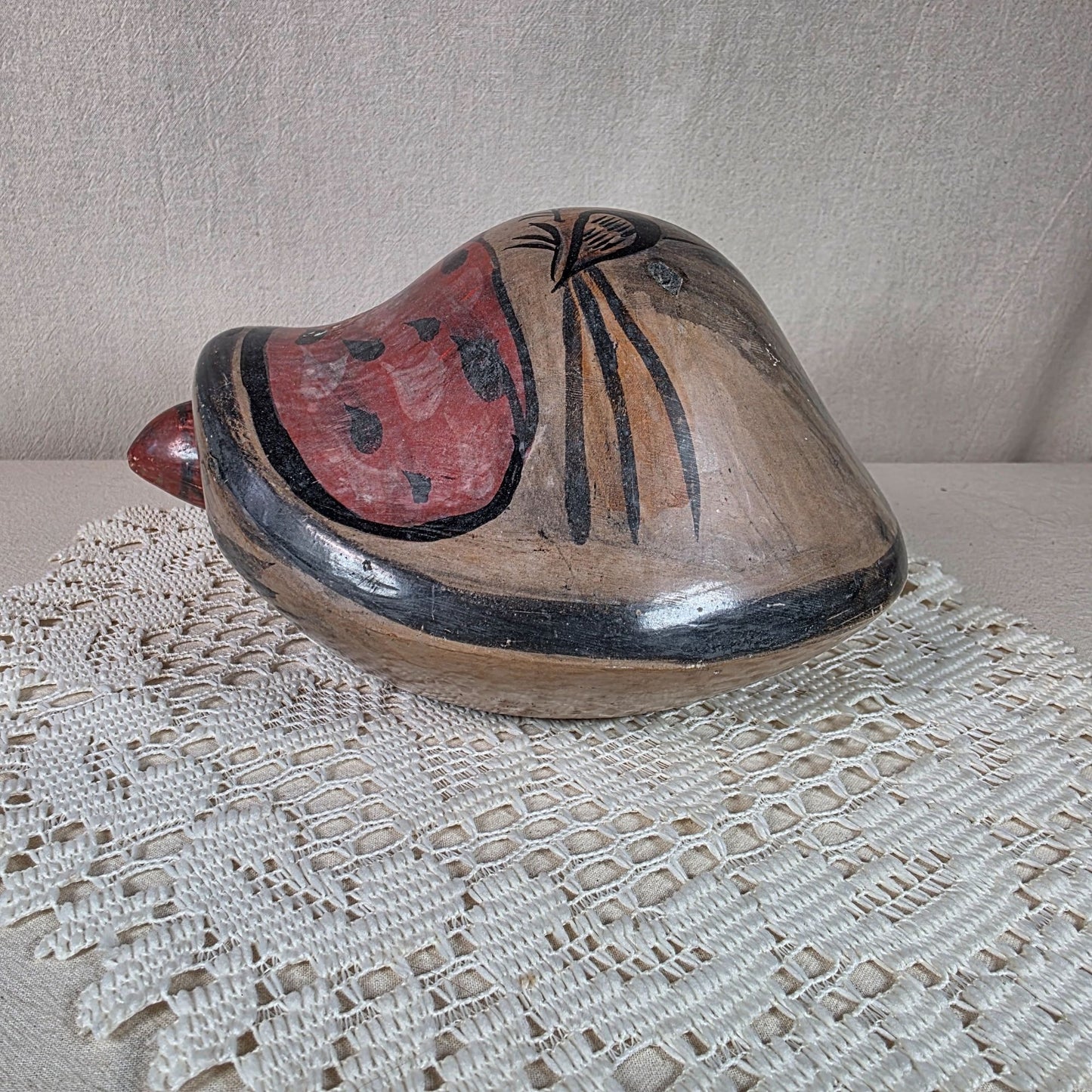 Vintage Tonala Pottery Bobbing Head Turtle Figurine With Bird Design Hand Painted 7.5" Long 5" Tall