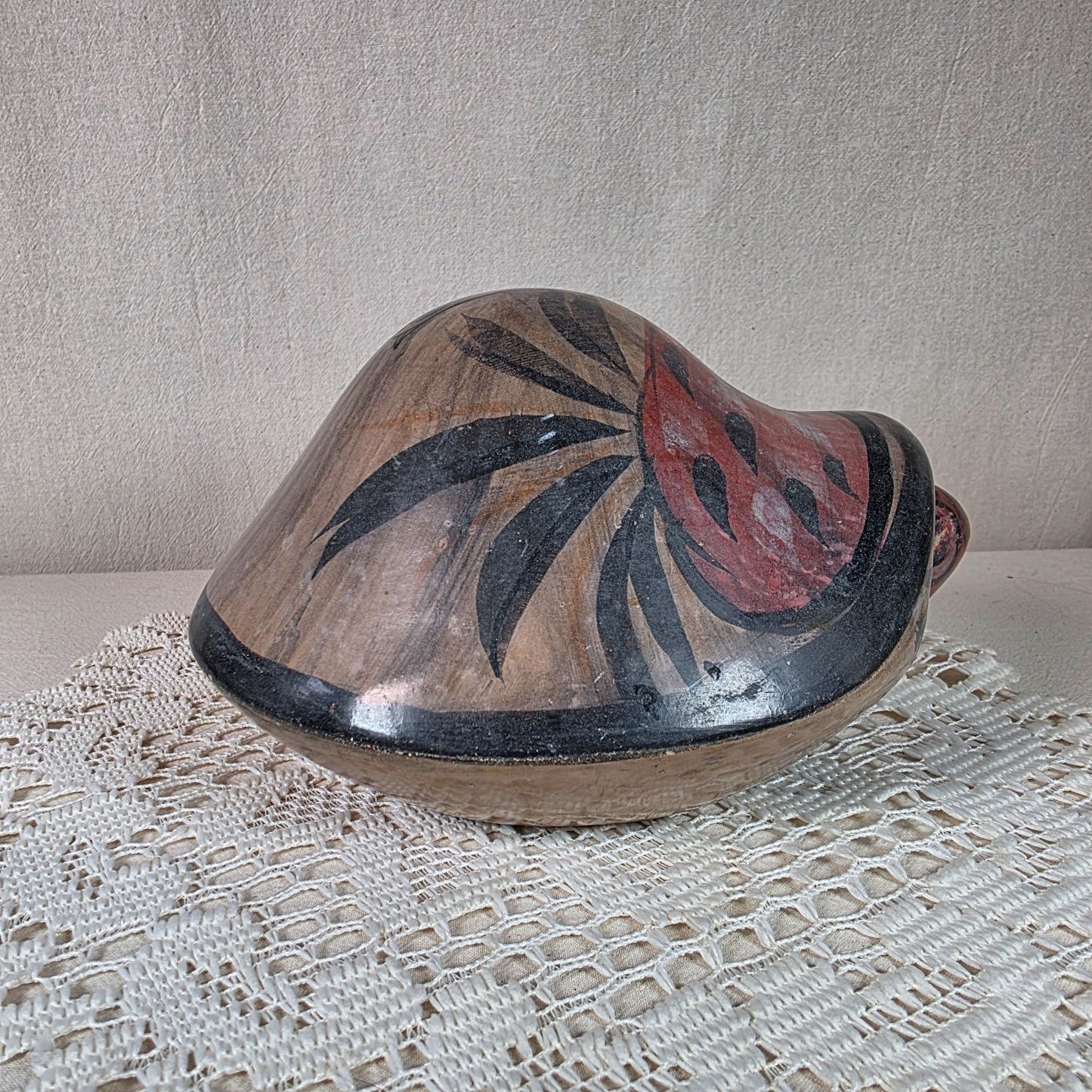 Vintage Tonala Pottery Bobbing Head Turtle Figurine With Bird Design Hand Painted 7.5" Long 5" Tall