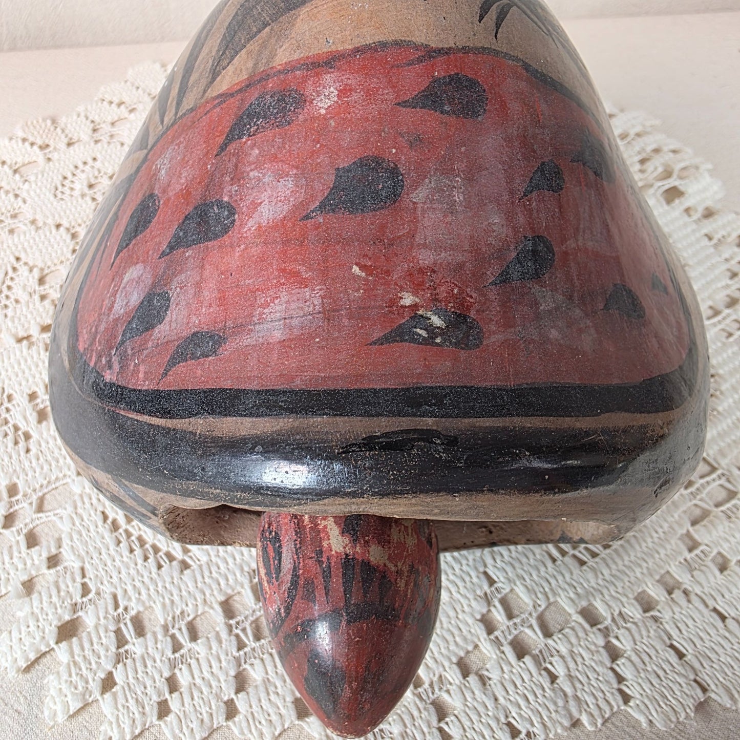 Vintage Tonala Pottery Bobbing Head Turtle Figurine With Bird Design Hand Painted 7.5" Long 5" Tall