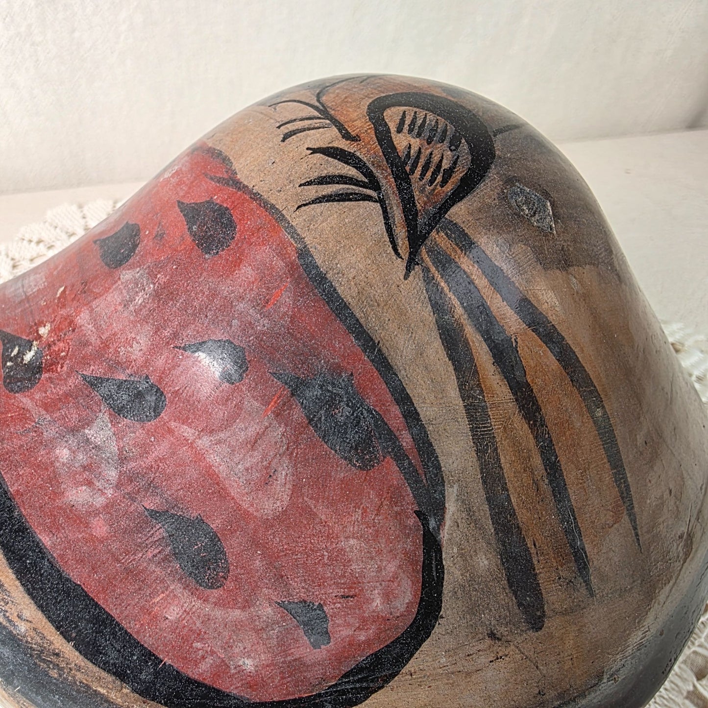Vintage Tonala Pottery Bobbing Head Turtle Figurine With Bird Design Hand Painted 7.5" Long 5" Tall