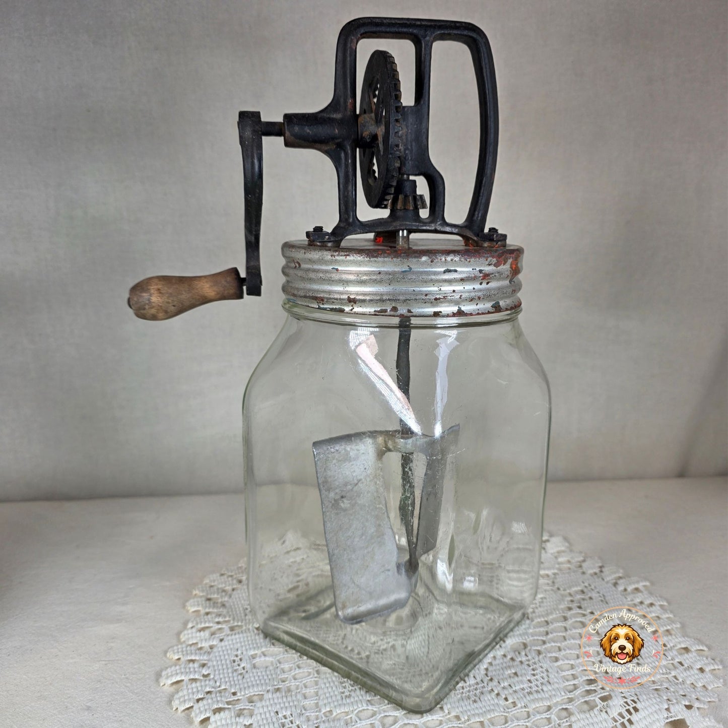 Vintage Hand Crank Butter Churn with Glass Jar and Metal Gear Assembly