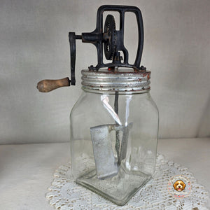 Vintage Hand Crank Butter Churn with Glass Jar and Metal Gear Assembly