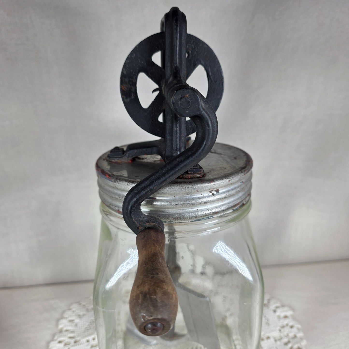 Vintage Hand Crank Butter Churn with Glass Jar and Metal Gear Assembly