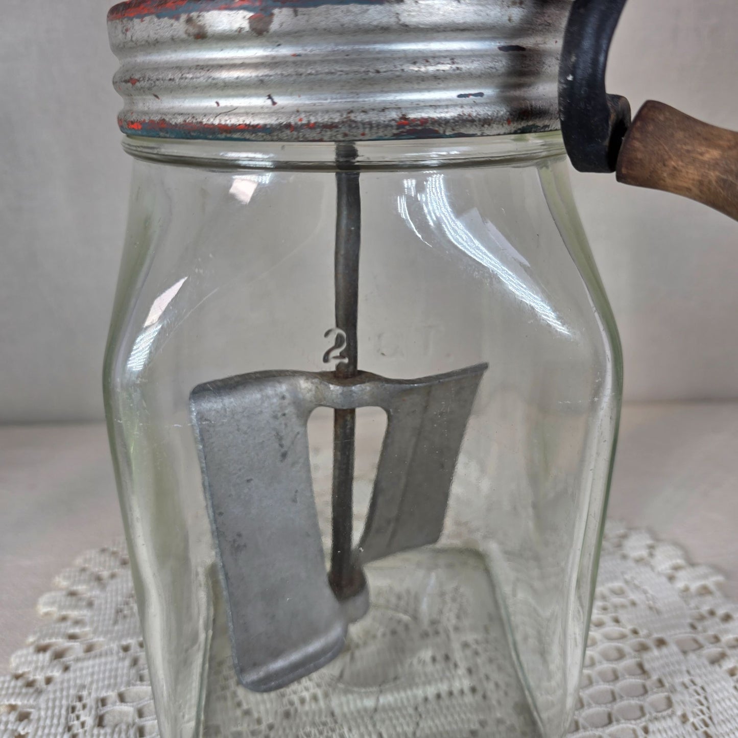 Vintage Hand Crank Butter Churn with Glass Jar and Metal Gear Assembly