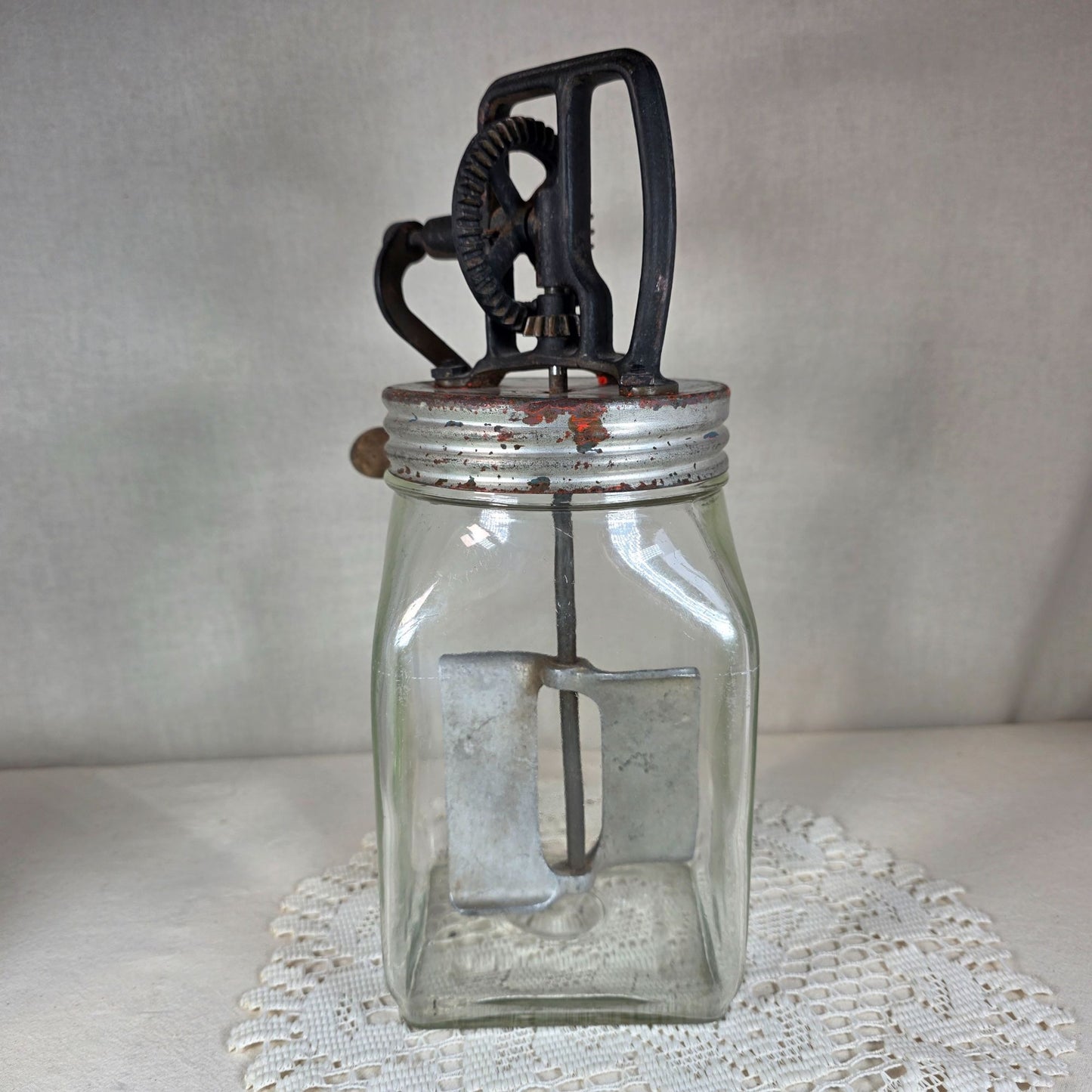Vintage Hand Crank Butter Churn with Glass Jar and Metal Gear Assembly
