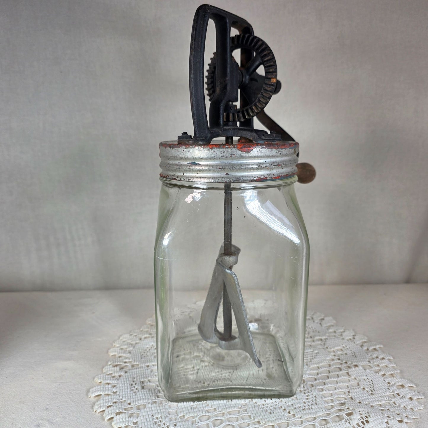 Vintage Hand Crank Butter Churn with Glass Jar and Metal Gear Assembly