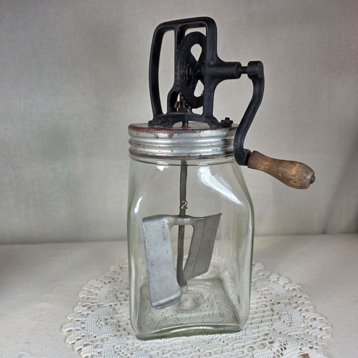 Vintage Hand Crank Butter Churn with Glass Jar and Metal Gear Assembly