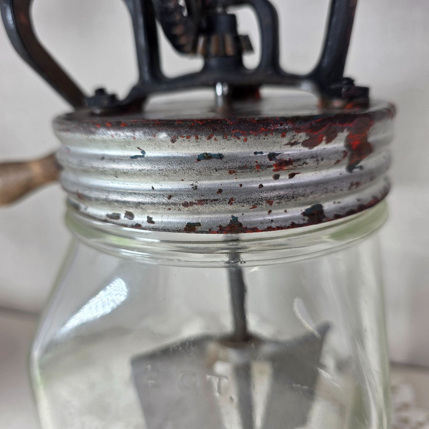 Vintage Hand Crank Butter Churn with Glass Jar and Metal Gear Assembly