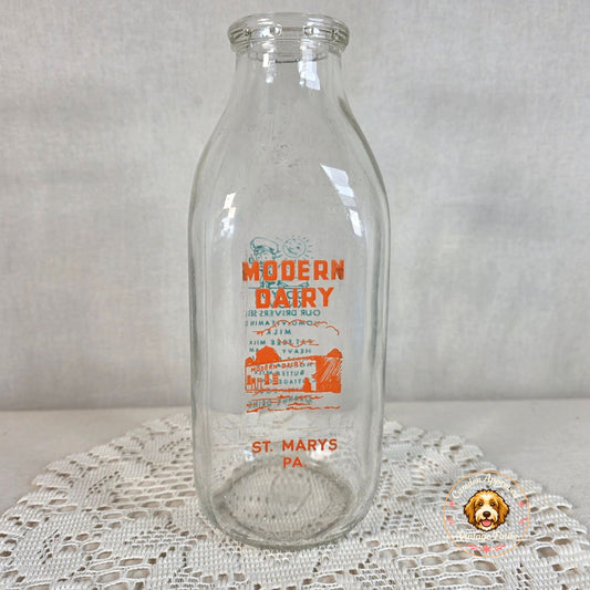 Vintage Modern Dairy Milk Bottle St. Mary's PA Orange Blue Pyro Glass Farmhouse Decor