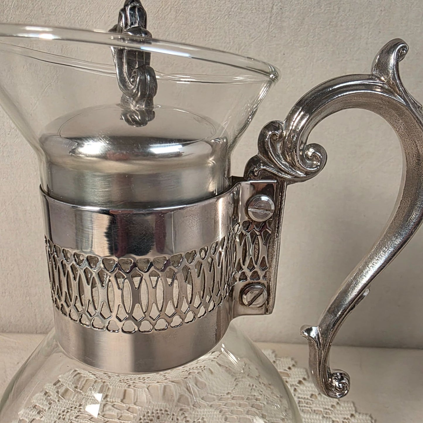 F.B. Rogers Silver plated & glass coffee carafe with Ornate Handle & Lid -  10" tall