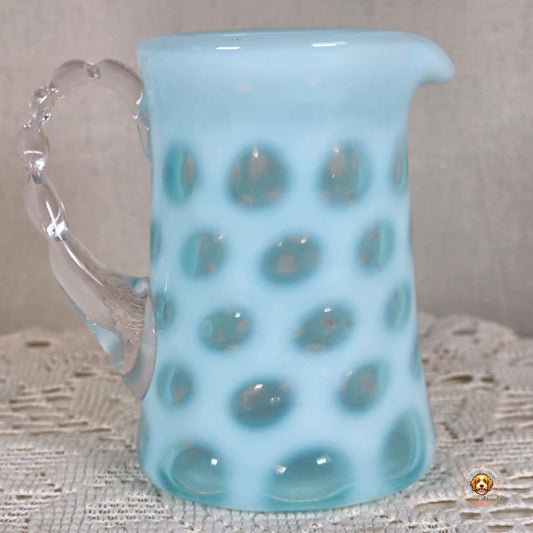 Vintage Fenton Blue Coin Dot Opalescent Glass Mini Pitcher 4"