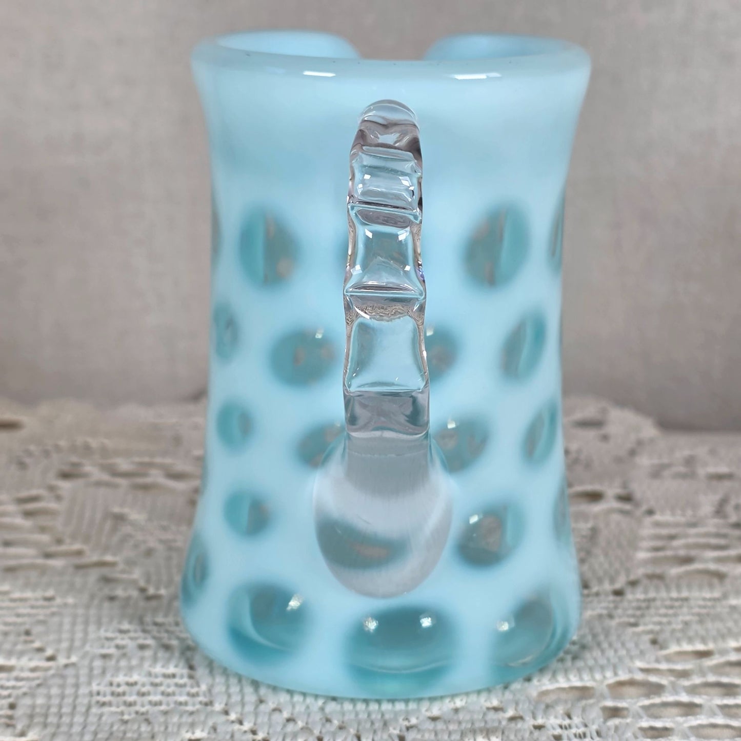 Vintage Fenton Blue Coin Dot Opalescent Glass Mini Pitcher 4"