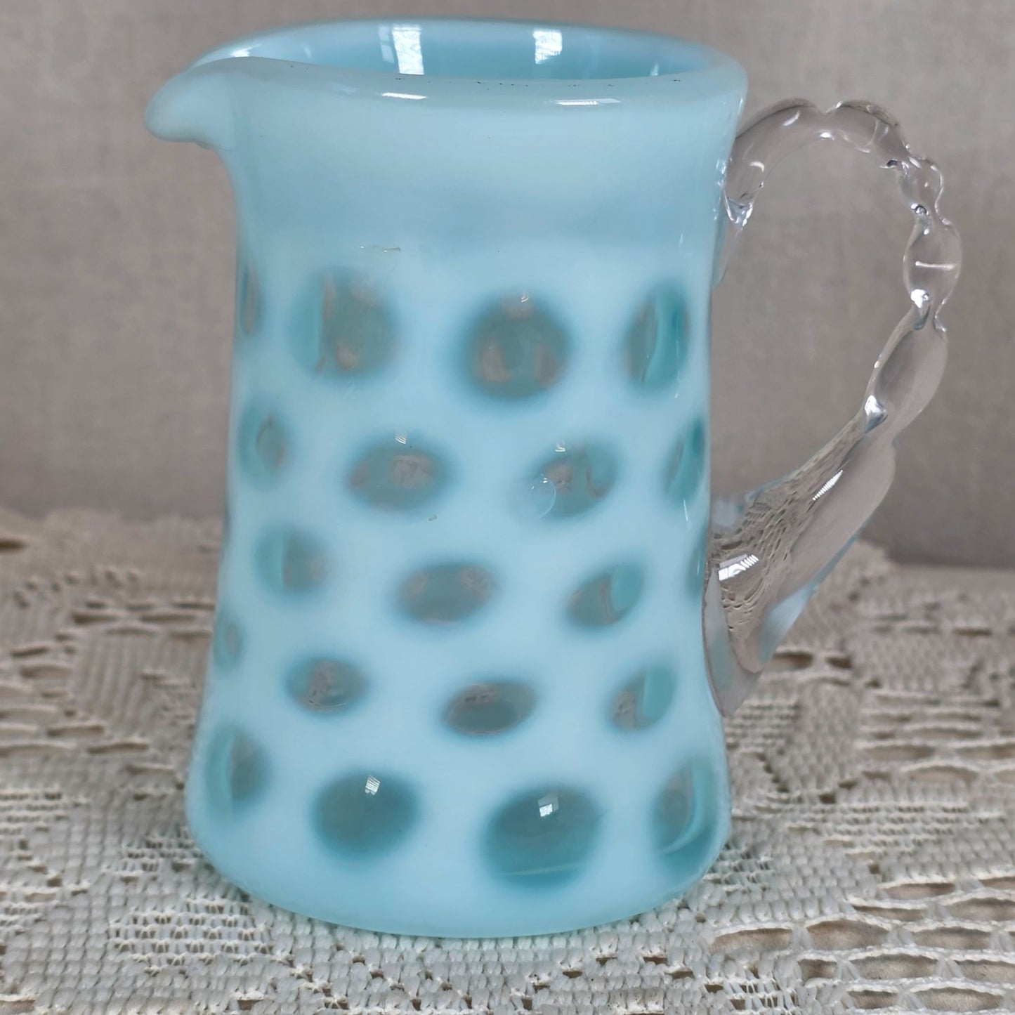 Vintage Fenton Blue Coin Dot Opalescent Glass Mini Pitcher 4"
