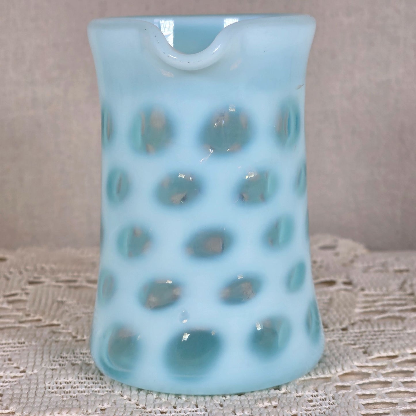 Vintage Fenton Blue Coin Dot Opalescent Glass Mini Pitcher 4"