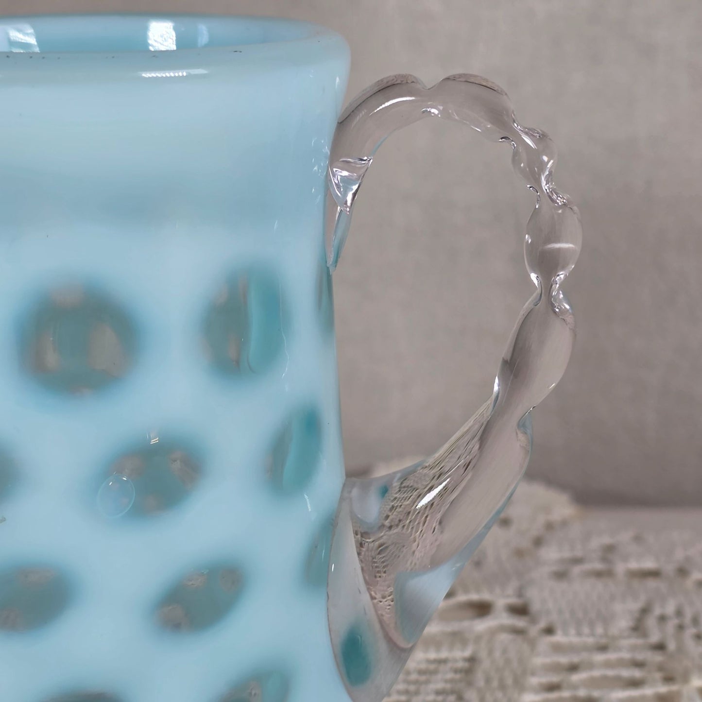 Vintage Fenton Blue Coin Dot Opalescent Glass Mini Pitcher 4"
