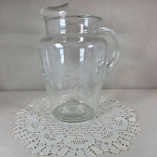 Vintage Bartlett-Collins Clear Glass Pitcher With Etched Grapevine Design 9" Tall Elegant Serveware Or Decor