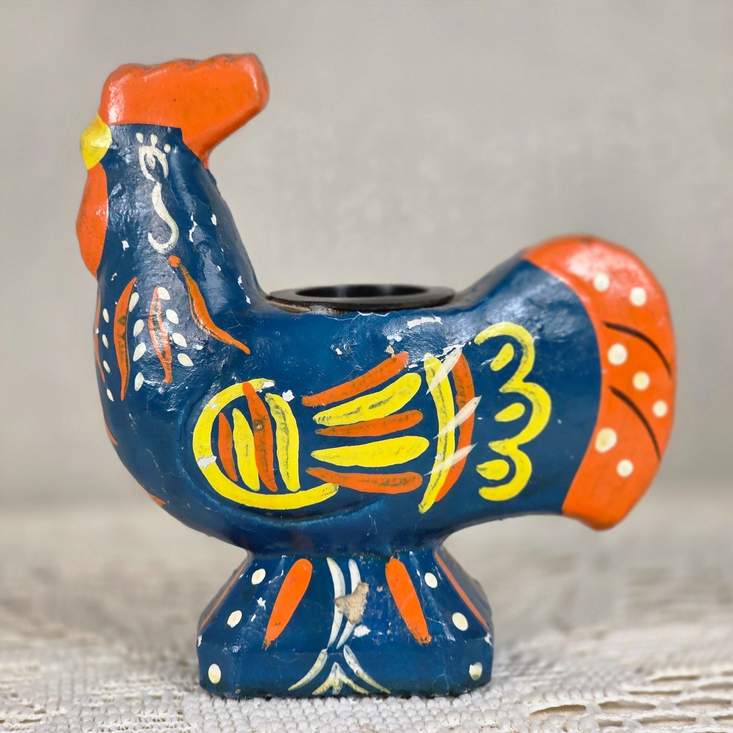Vintage Folk Art Hand Painted Rooster Bird Candle Holder/Toothpick Holder 4" Enesco Japan