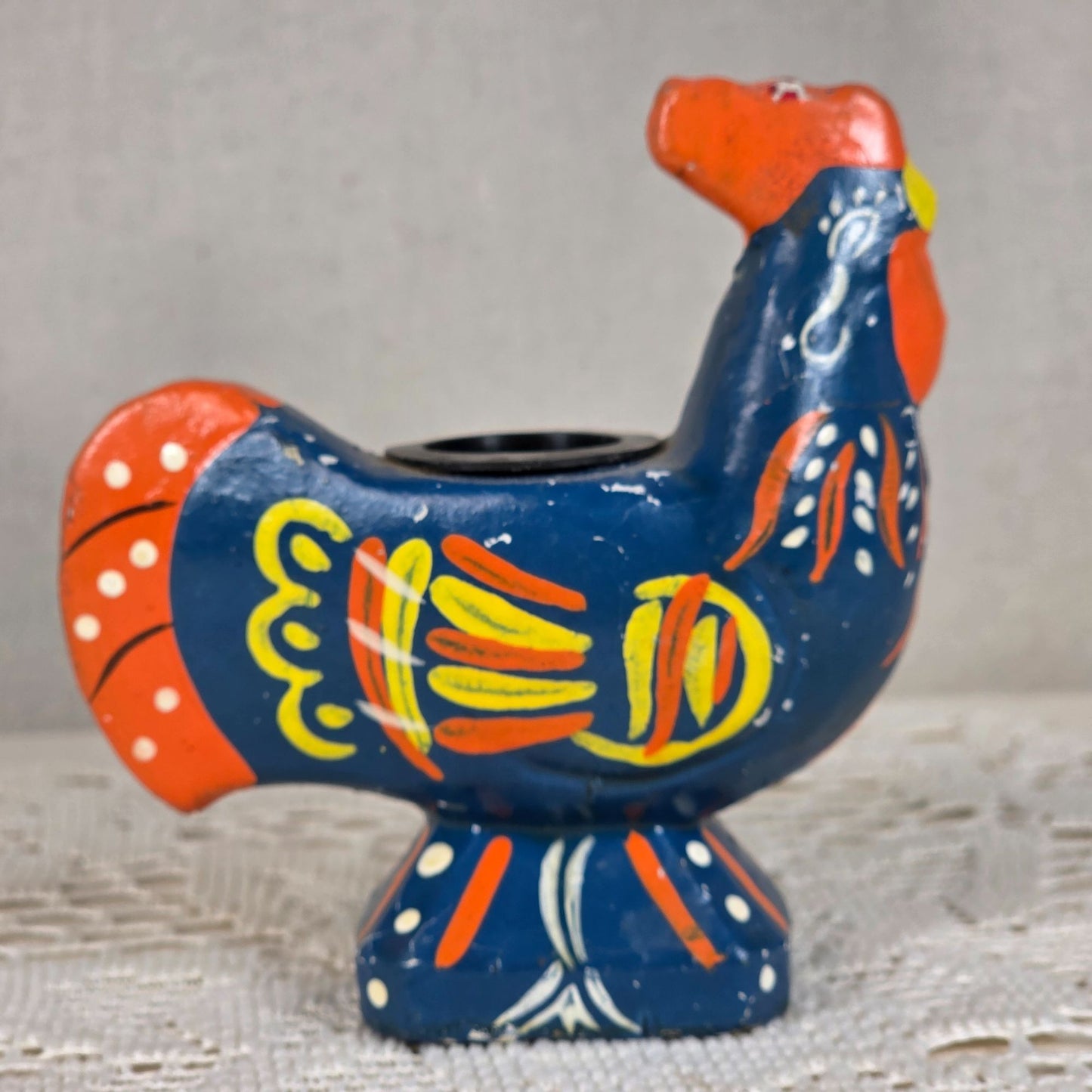 Vintage Folk Art Hand Painted Rooster Bird Candle Holder/Toothpick Holder 4" Enesco Japan