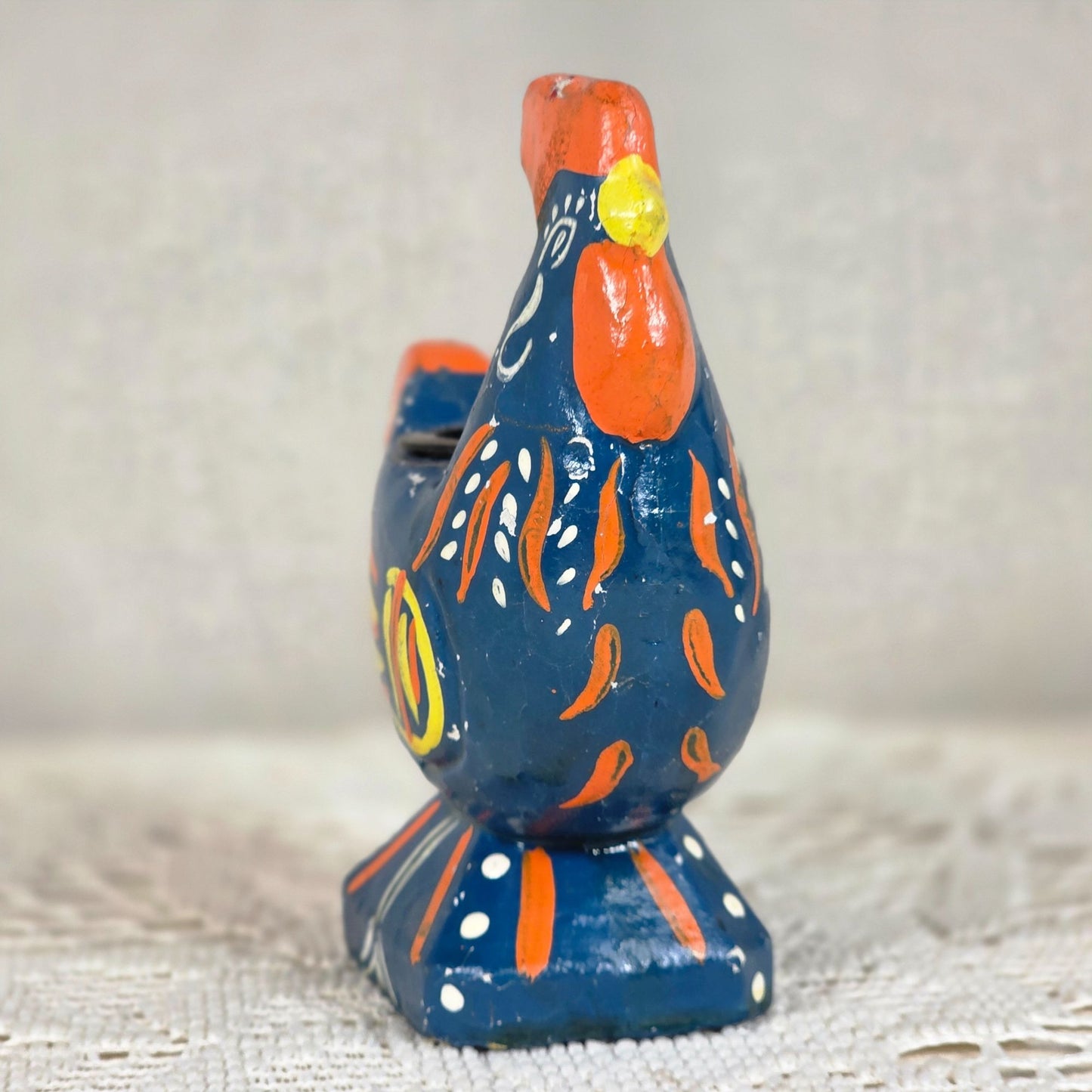Vintage Folk Art Hand Painted Rooster Bird Candle Holder/Toothpick Holder 4" Enesco Japan