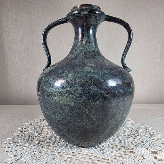 Vintage Metal Amphora Vase Urn Aged Patina Verdigris Old World Decor 9"