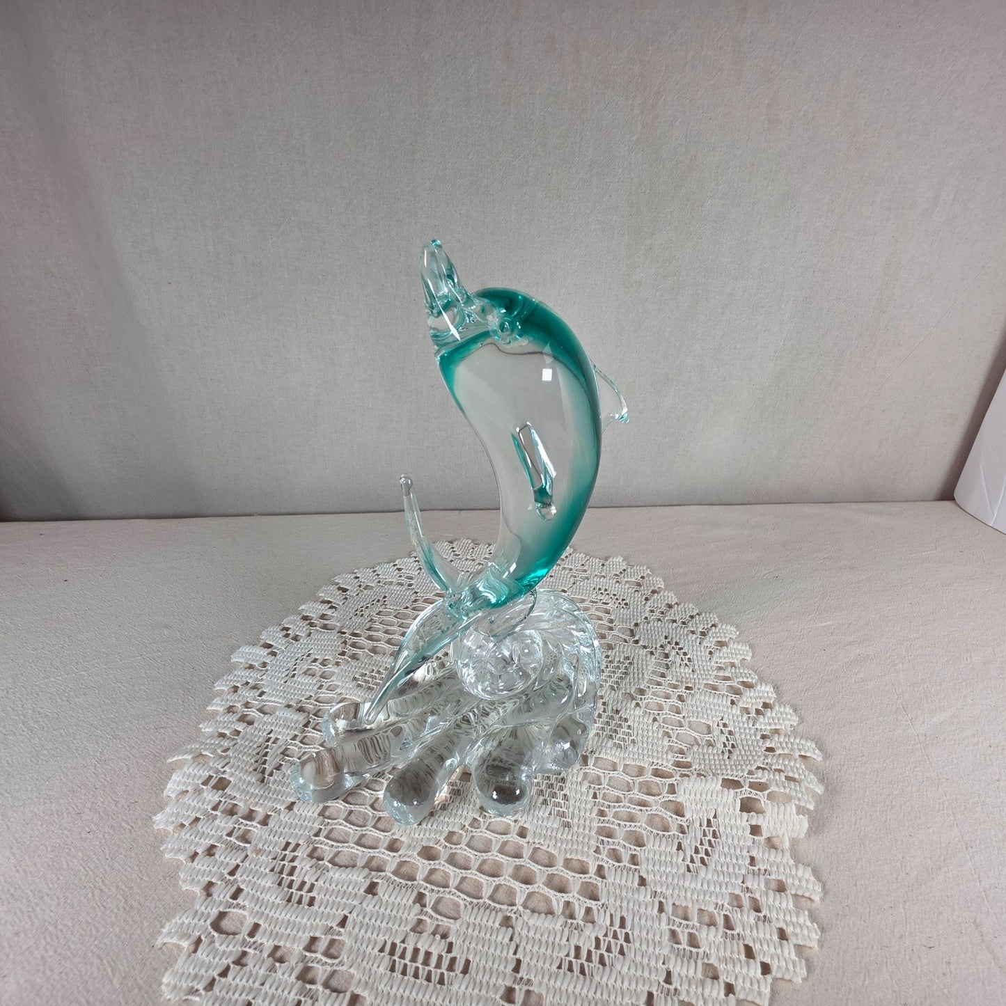 Glass Dolphin Figurine With Aqua Accents On Clear Wave Base