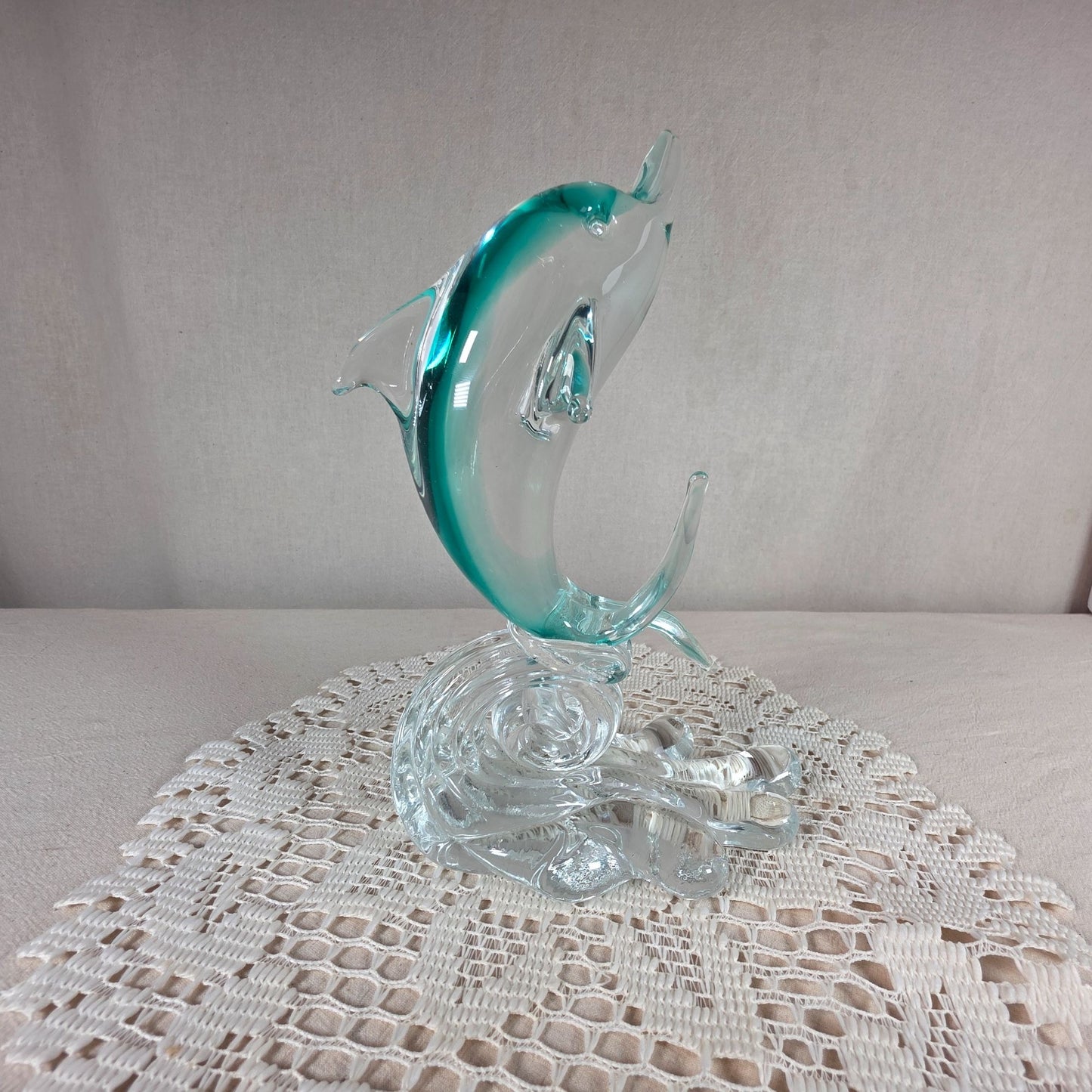 Glass Dolphin Figurine With Aqua Accents On Clear Wave Base