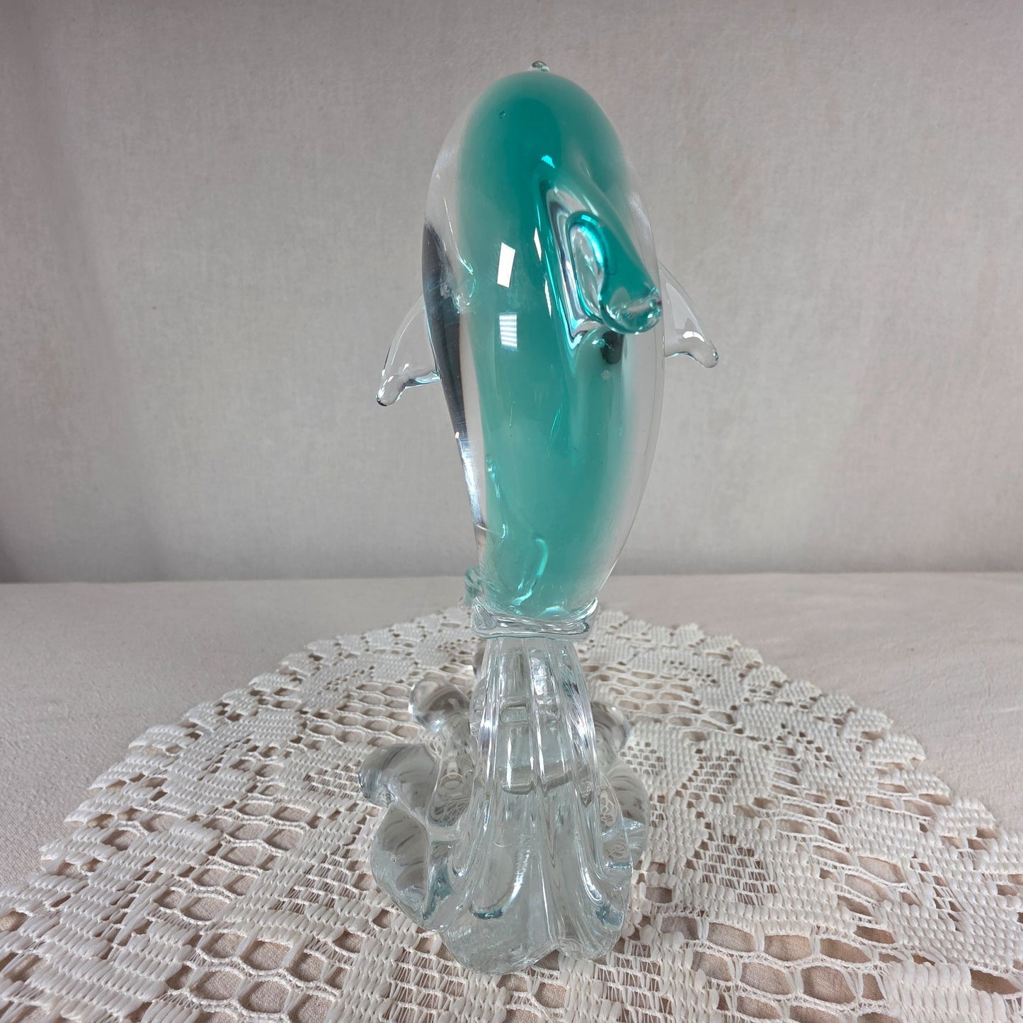 Glass Dolphin Figurine With Aqua Accents On Clear Wave Base