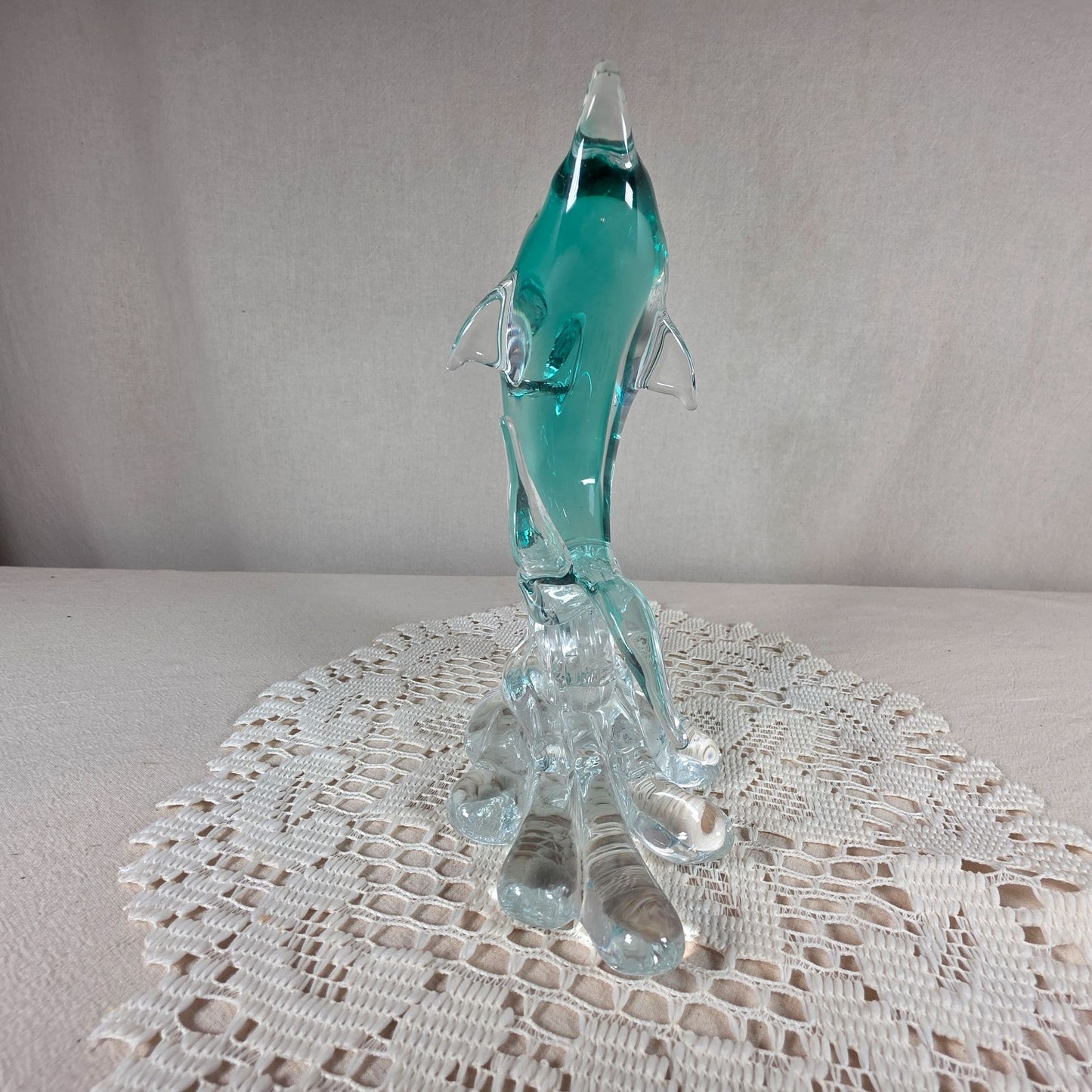 Glass Dolphin Figurine With Aqua Accents On Clear Wave Base