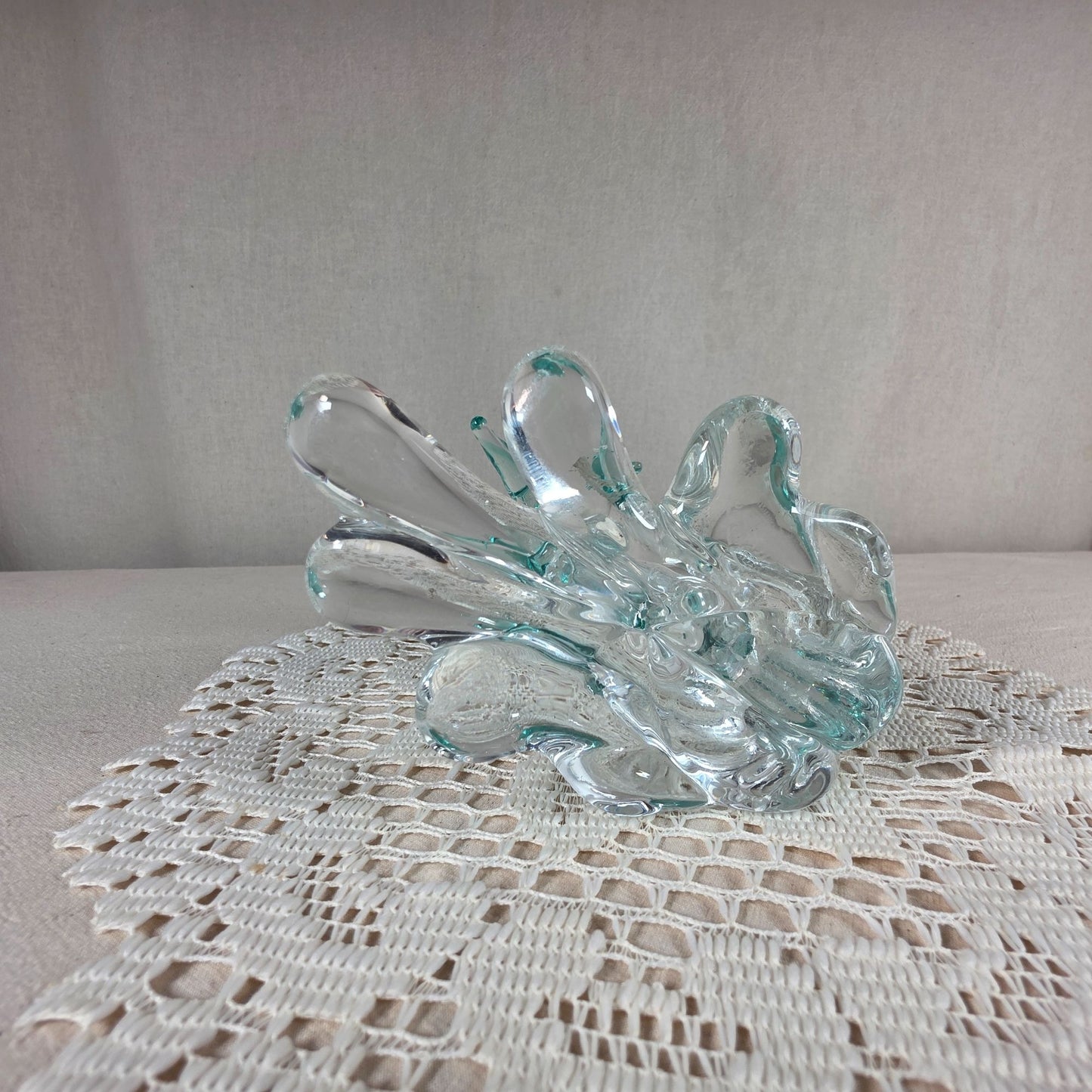 Glass Dolphin Figurine With Aqua Accents On Clear Wave Base