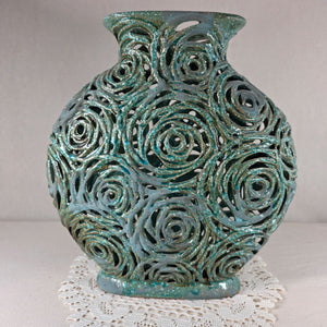 Handcrafted Turquoise Openwork Ceramic Vase With Rose Motif