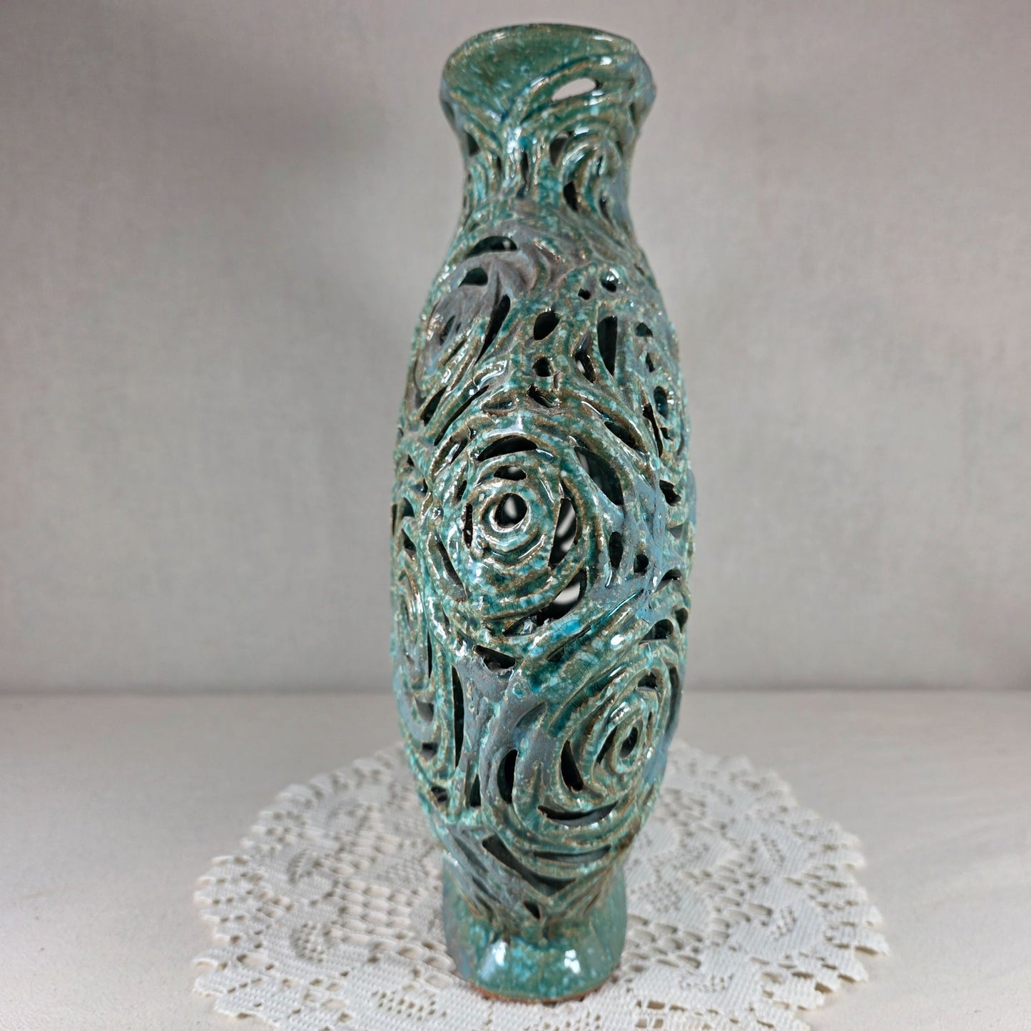 Handcrafted Turquoise Openwork Ceramic Vase With Rose Motif