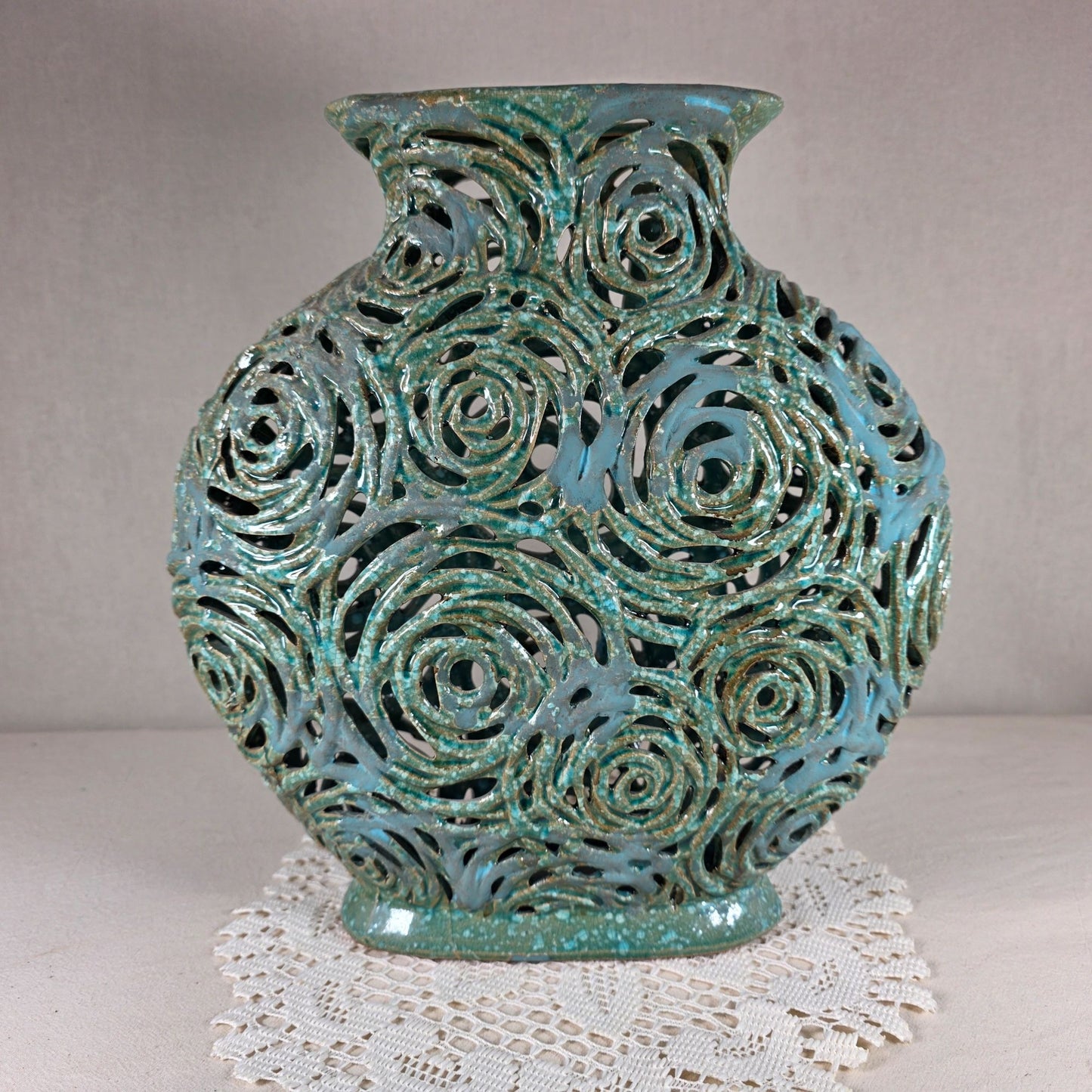 Handcrafted Turquoise Openwork Ceramic Vase With Rose Motif