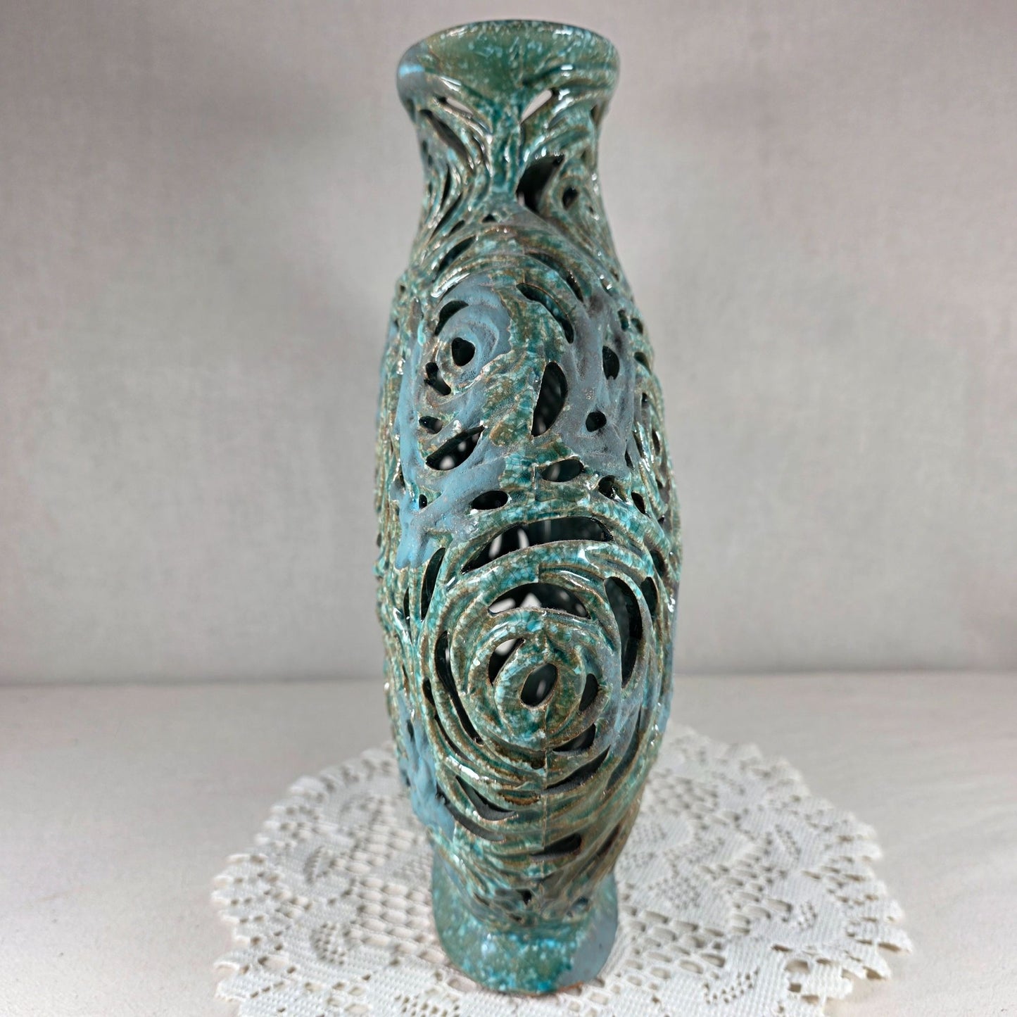 Handcrafted Turquoise Openwork Ceramic Vase With Rose Motif