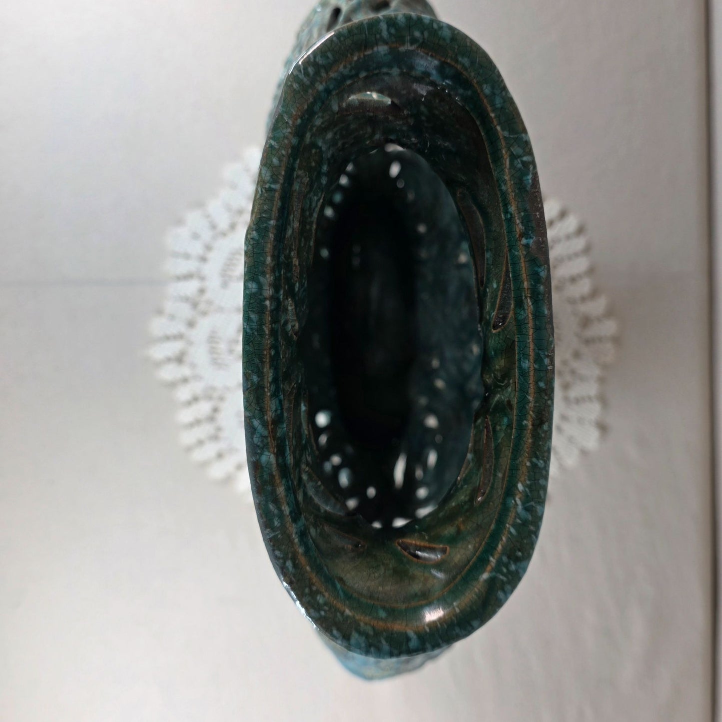 Handcrafted Turquoise Openwork Ceramic Vase With Rose Motif