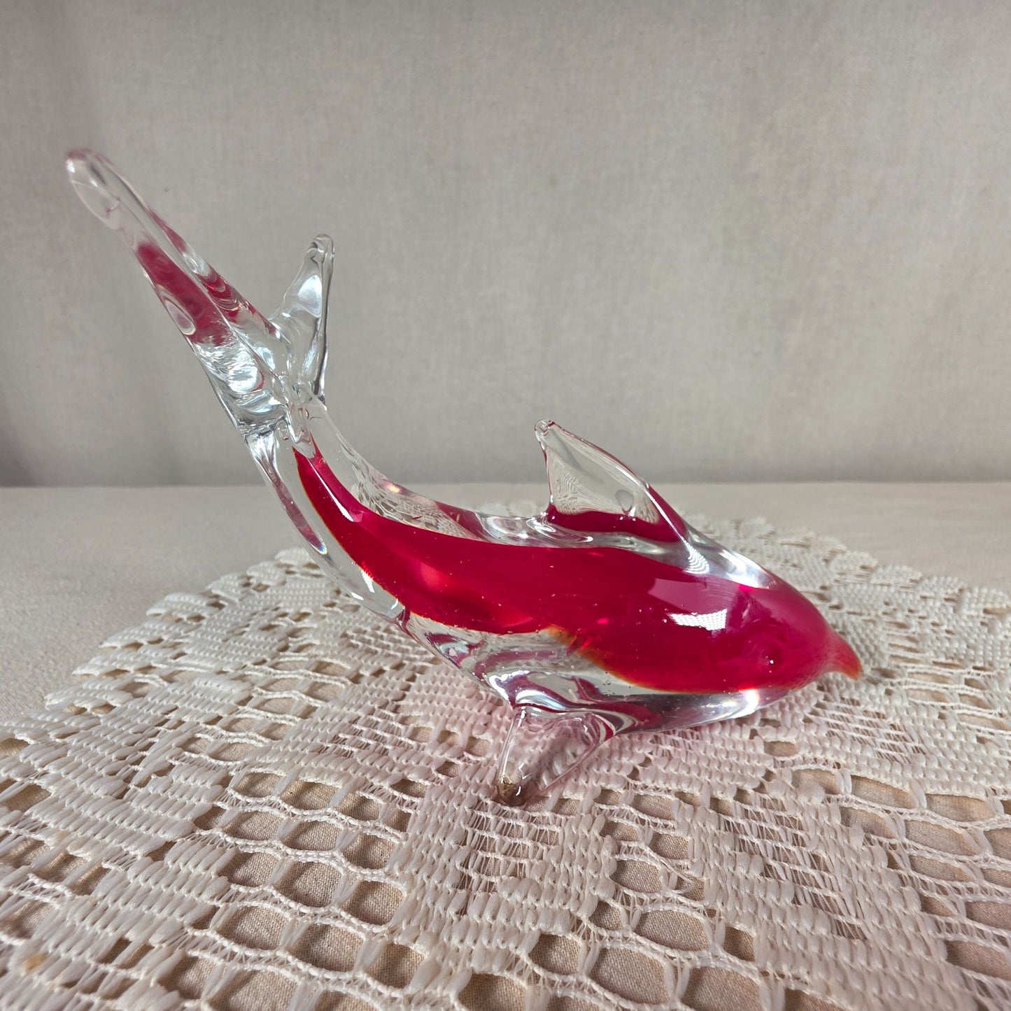 Handcrafted Clear & Red Glass Dolphin Figurine